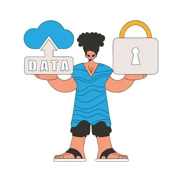 Person with cloud storage and a lock to protect data. Stock Illustration