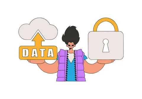 Person with cloud storage and a lock for added security. Stock Illustration