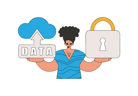 Person with cloud storage and a lock. Stock Illustration