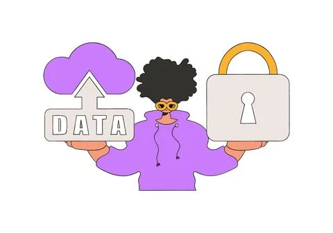 Person with cloud storage, secured with a padlock. Stock Illustration