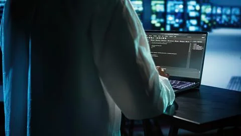 Person coding on laptop in dim tech office Stock Photos