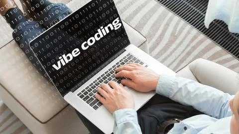Person coding on laptop with words vibe coding displayed on screen in a cozy Stock Photos
