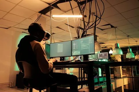 Person coding with multiple monitors in dim room Stock Photos