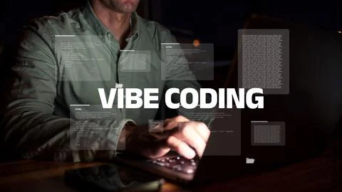 Person coding at night with computer screen displaying text in a low-light Stock-Fotos