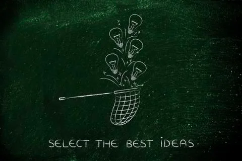 Person collecting lightbulbs (ideas) with a net, creativity concept Stock Illustration