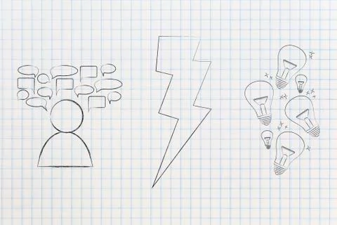 Person with comic bubbles next to lightning bolt icon and light bulbs metapho Illustrazione stock