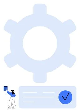 Person completing checklist in front of a large gear representing task mana.. Stock Illustration