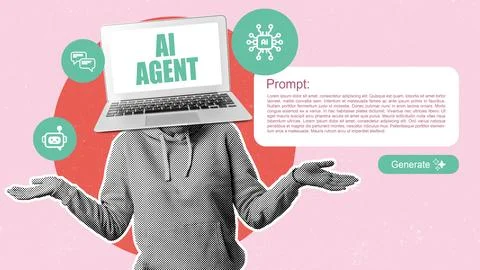 Person with computer screen for a head showing AI agent information in a Stock Photos