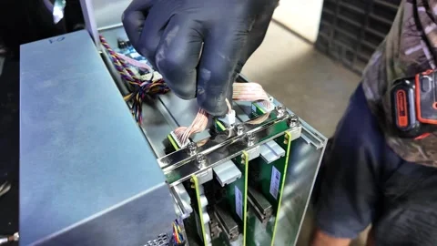 Person connecting cables to specialized cryptocurrency mining equipment Stock Footage 327340488