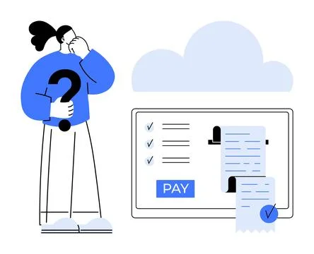 Person Considering Online Payment with Checklist, Bills, and Cloud Storage .. Illustrazione stock