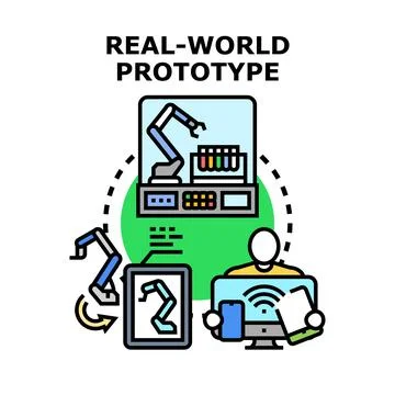 Person controlling real world prototype automation with digital devices Stock Illustration