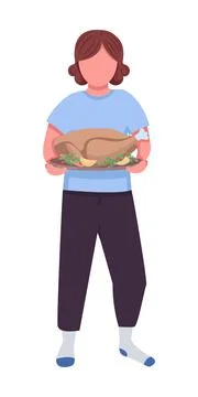 Person with cooked turkey semi flat color vector character Stock Illustration