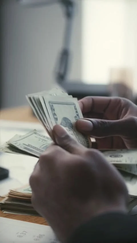 Person Counting US Dollar Bills with Cash Stacks and Financial Money Concept Stock Footage 343348385