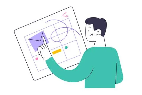 Person creates a weekly schedule, uses digital calendar, sets events, shares Stock Illustration