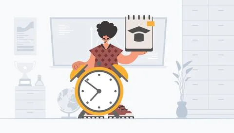 Person with curiously and caution clock, learning subject. Trendy style, Ve.. Illustrazione stock