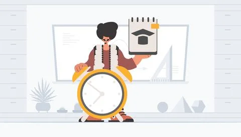 Person with curiously and caution clock, learning subject. Trendy style, Ve.. イラスト素材
