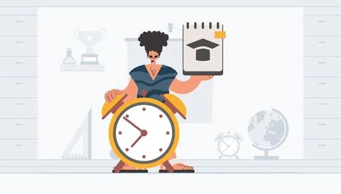 Person with curiously and caution clock, learning subject. Trendy style, Ve.. Illustrazione stock