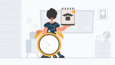 Person with curiously and caution clock, learning subject. Trendy style, Ve.. 스톡 일러스트