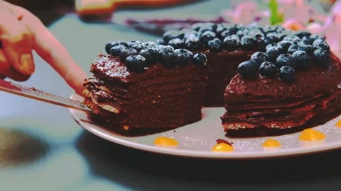 Person cutting layered chocolate cake topped with blueberries indoors Stock Footage 342863247