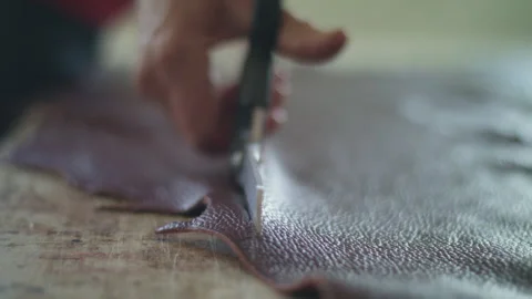 Person cutting leather with scissors Stock Footage 275078985