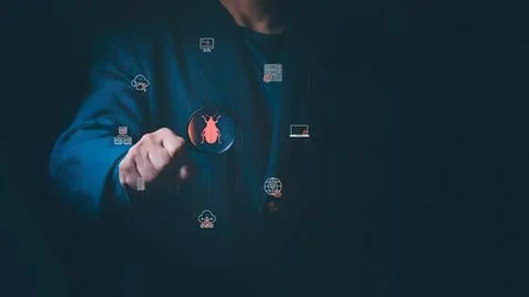 Person in dark jacket touching digital bug icon on screen Stock Photos
