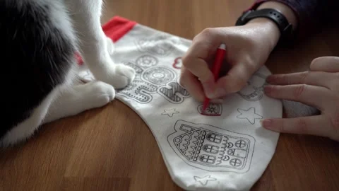 Person decorating Christmas stocking while a curious cat sits beside Stock Footage 323109060