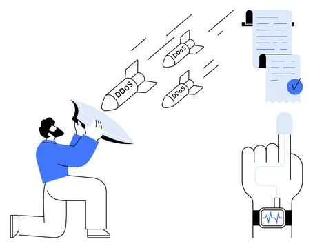 Person Defends Against DDoS Attacks with Shield Symbolizing Cybersecurity イラスト素材