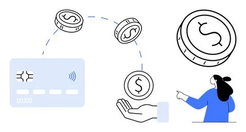 Person Demonstrating Contactless Payment Process with Credit Card and Coins Stock Illustration