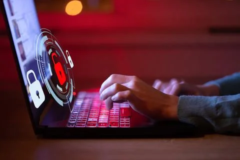 Person develops safe use of a laptop online. Stock Photos