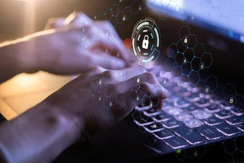 Person develops safe use of a laptop online. Stock Photos