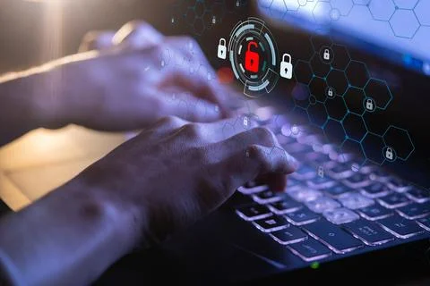 Person develops safe use of a laptop online. Stock Photos