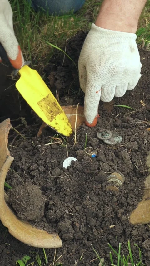 Person digging in soil with a small yellow trowel, uncovering coins and pottery 스톡 동영상 338412223