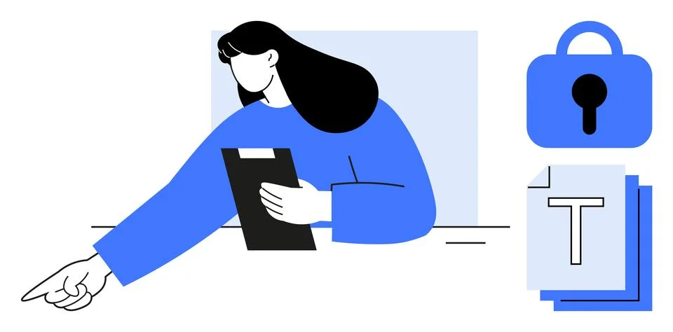 Person Discussing Point, Document Security, and Text Editing in Minimal Style Stock Illustration
