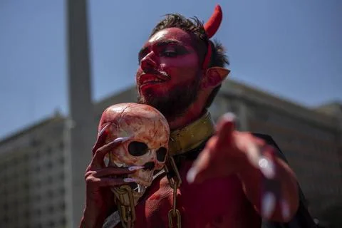  A person disguised as a devil. After three years of absence, the zombies ... Stock Photos