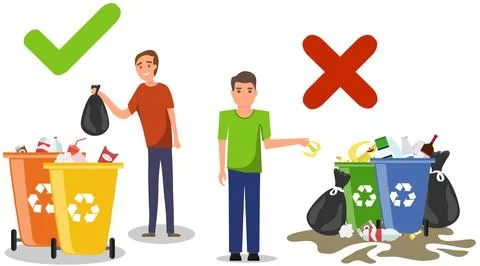 Person disposed improperly throwing away garbage on the floor. Correct イラスト素材