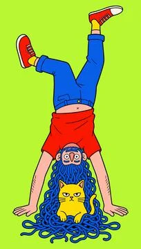 Person Doing a Handstand with a Cat Stock Illustration