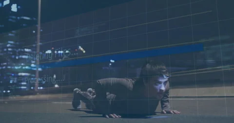 Person doing push-ups on street with digital data processing animation overlay 動画素材 305833778