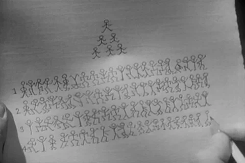 Person drawing rows of stick figures on paper, 1940s Video stock 90727922