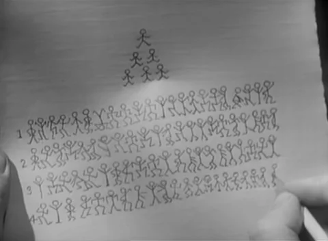 Person drawing rows of stick figures on paper, 1940s Video stock 260258578