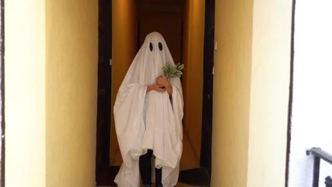 Person dressed as ghost for halloween in a hall turning holding a plant on hi Stock Footage 141552419