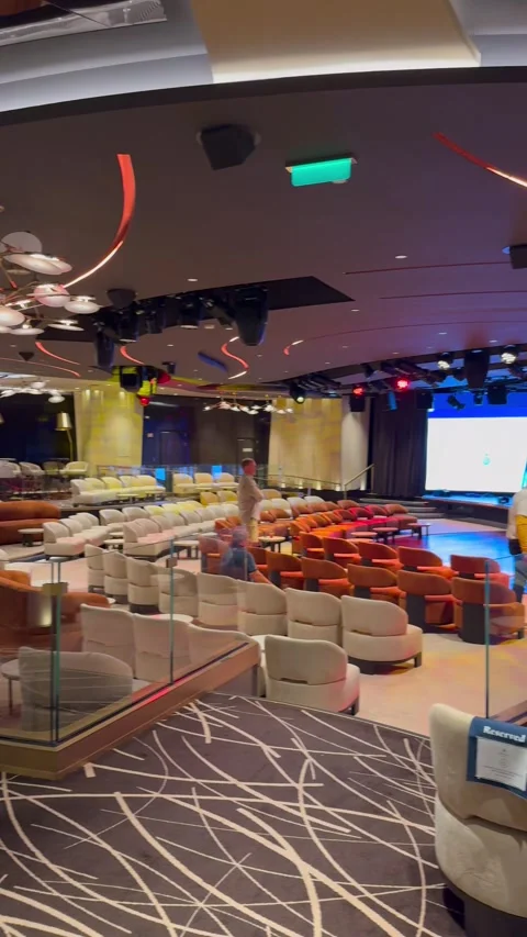A person driving a formula 1 simulator at the theatre on a Cruise. Stock Footage 327879566