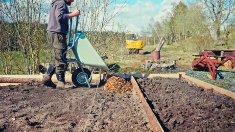 Person Dumping Wood Chip Mulch Into Raised Garden Bed Stock Footage 346569199