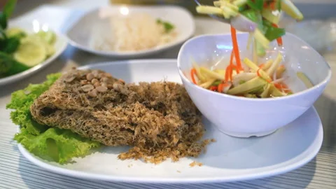 Person eating crispy catfish with Mango salad,Thai food,slow motion movement Stock Footage 232575585