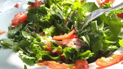 Person Eating Vegetable Salad A Fork. Fresh Salad. Healthy Meal. Stock Footage 239448243