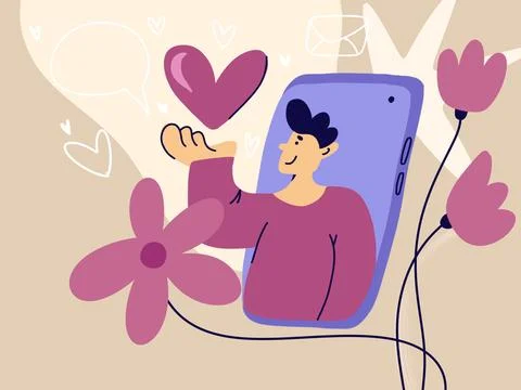 Person emerging from phone screen, sending heart symbol and message, represen Иллюстрация