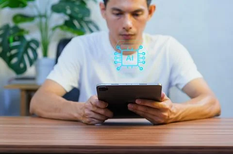 Person Engaged in Artificial Intelligence Concept Using Tablet Device Foto stock
