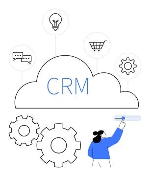Person Engaging with CRM Cloud Platform and System Gears, Representing Busi.. Illustrazione stock