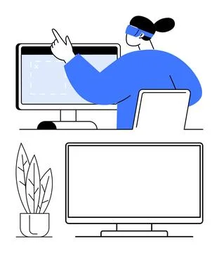 Person Engaging with Virtual Reality Interface Alongside Multiple Computer .. Illustrazione stock