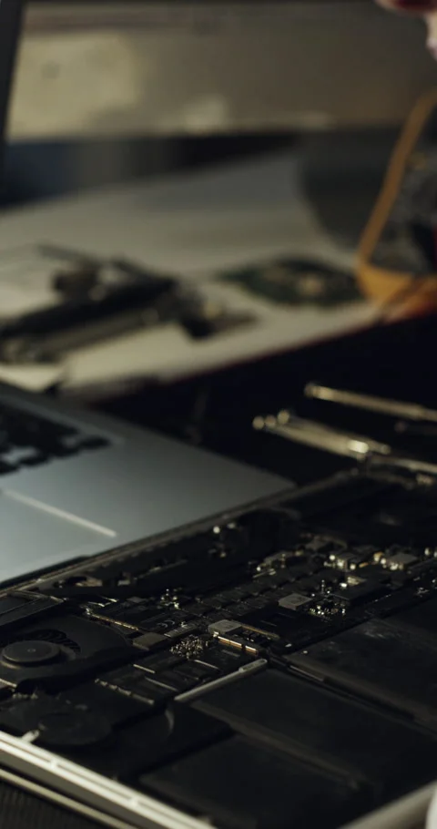 Person, engineer and hands with laptop motherboard for electrical repair or Stock Footage 329848447