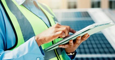 Person, engineer and hands with tablet for solar power installation, checkl.. Stock Photos
